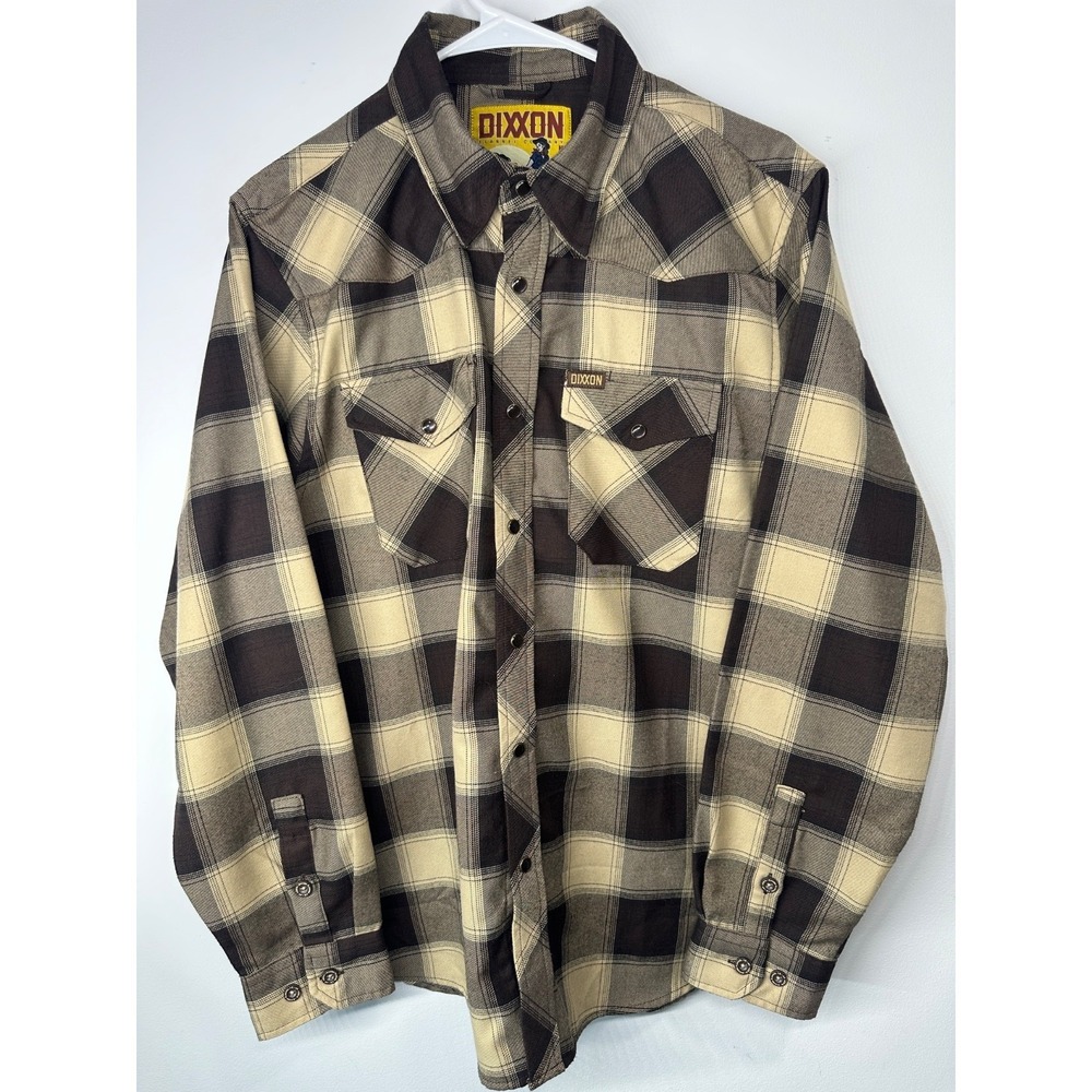 Dixxon Flannel Giddy Up Plaid Shirt Long Sleeve Brown Beige Pearl Snap - Medium